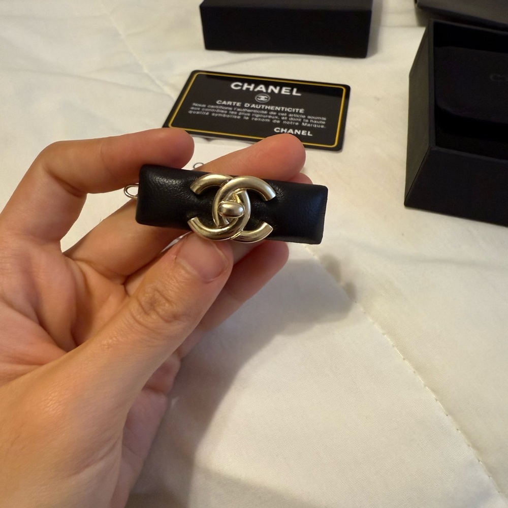 Chanel Black Leather Hair Clip with Gold Logo - Picture 2 of 3